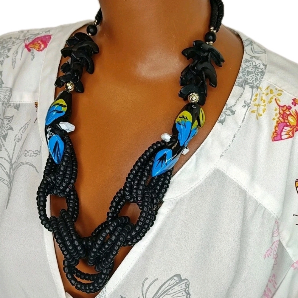 Vtg Hand Painted Resort Parrot Multi Strand Wooden Necklace 50s Shepherd Hook